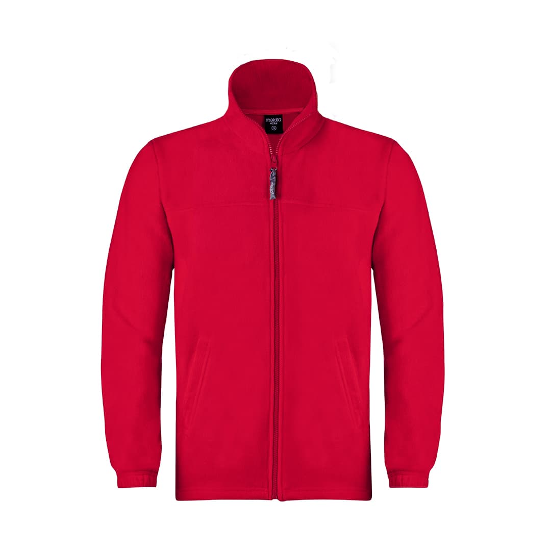 A red polar fleece jacket with a zip front and two side pockets, featuring a branded logo on the interior. Hizan Jacket - Image 1