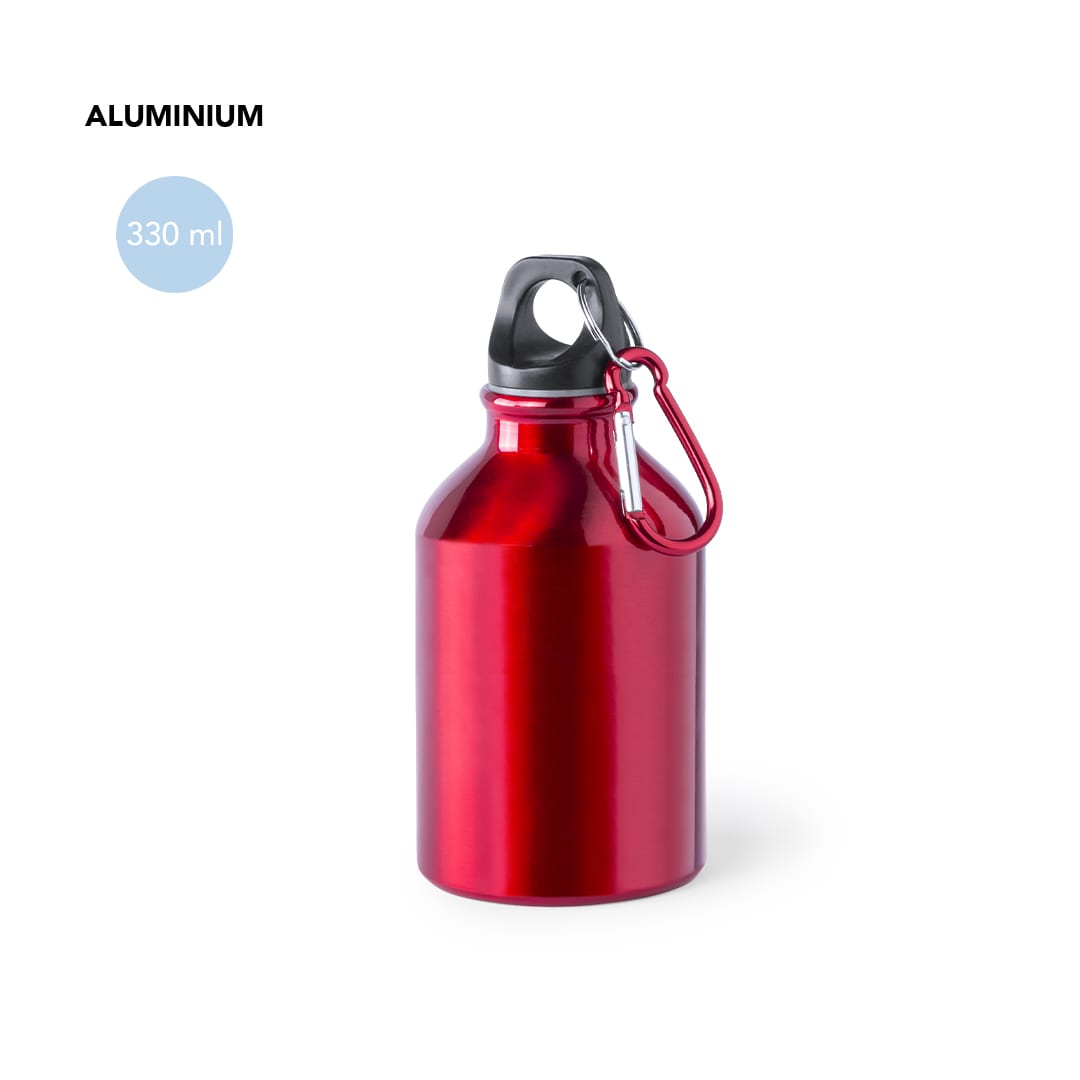 A drink bottle made of aluminium in a shiny red finish, featuring a black lid and a silver carabiner. Henzo Bottle - Image 1