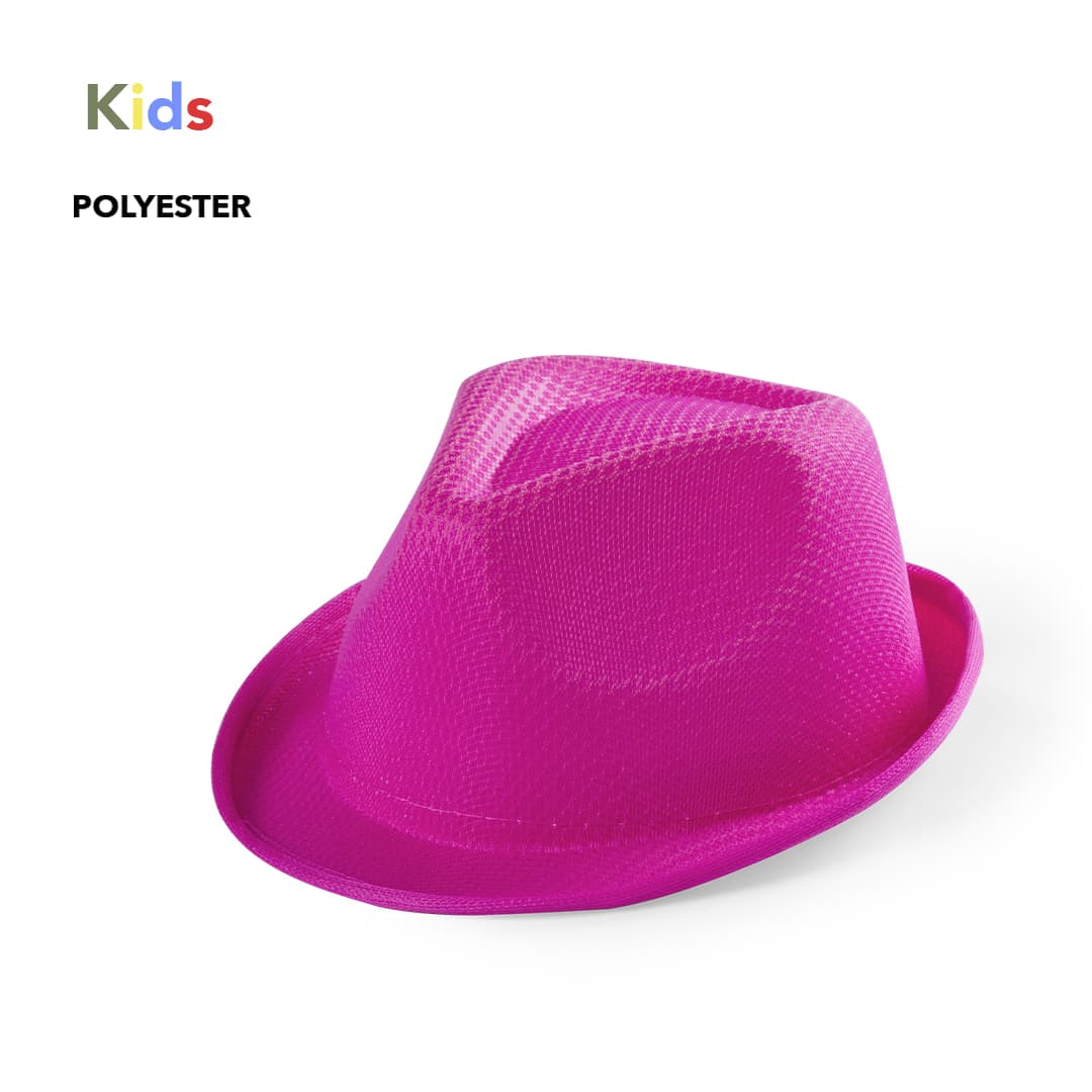 A pink kids' hat made of polyester, featuring a stylish fedora design and a textured surface. Tolvex Kids Hat - Image 1