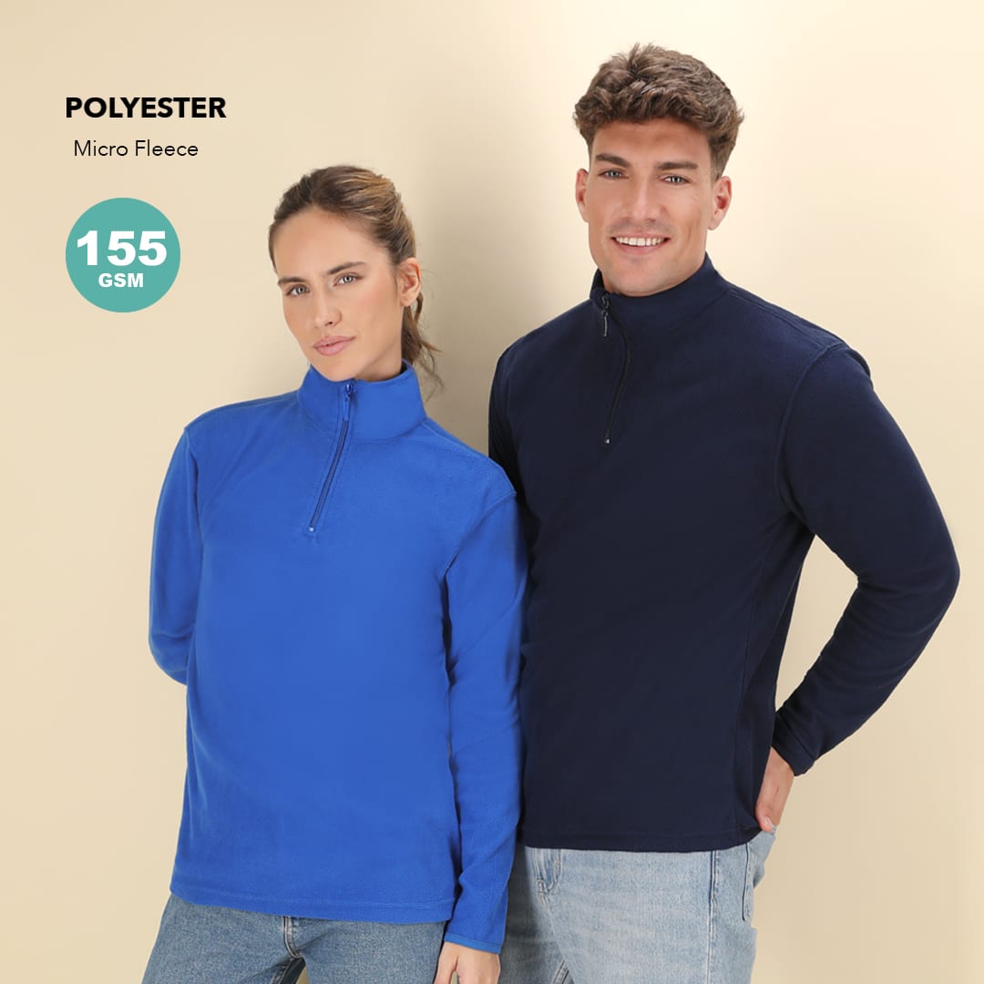 A blue micro fleece jacket and a navy micro fleece jacket with high collars, featuring a logo. Peyten Polar Fleece - Image 1