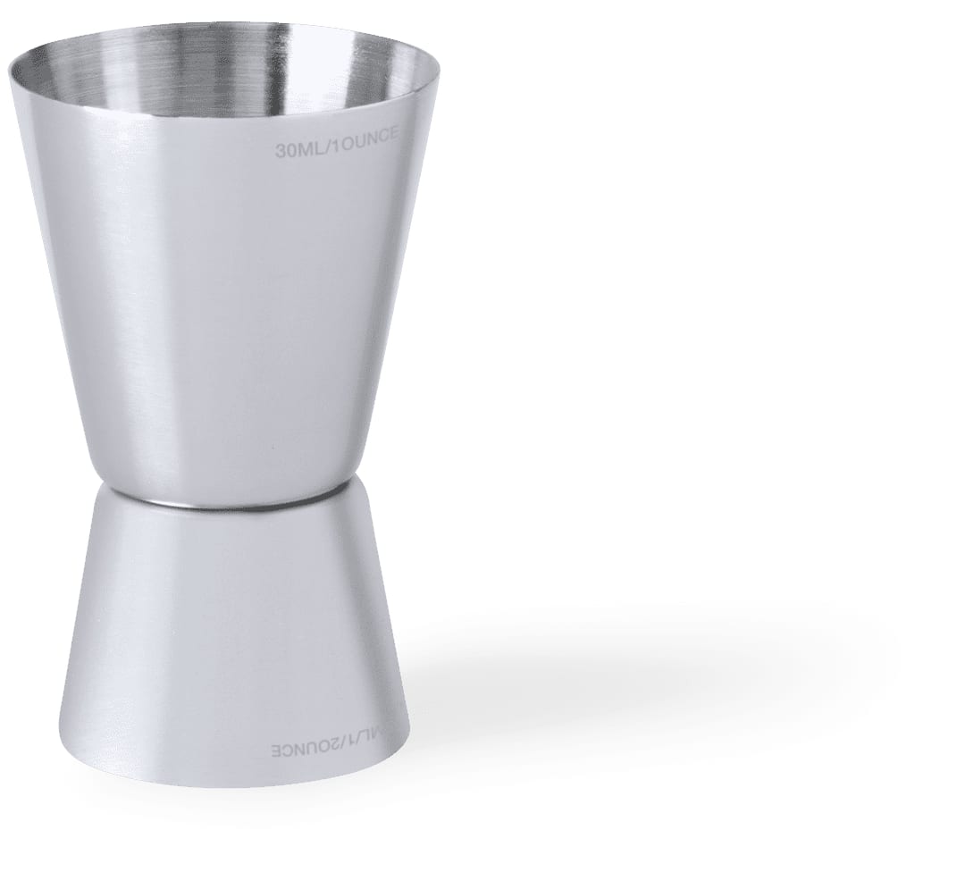 A silver jigger with two measurement sections for liquids, featuring a smooth metallic finish and a rounded base. Roley Jigger - Image 1