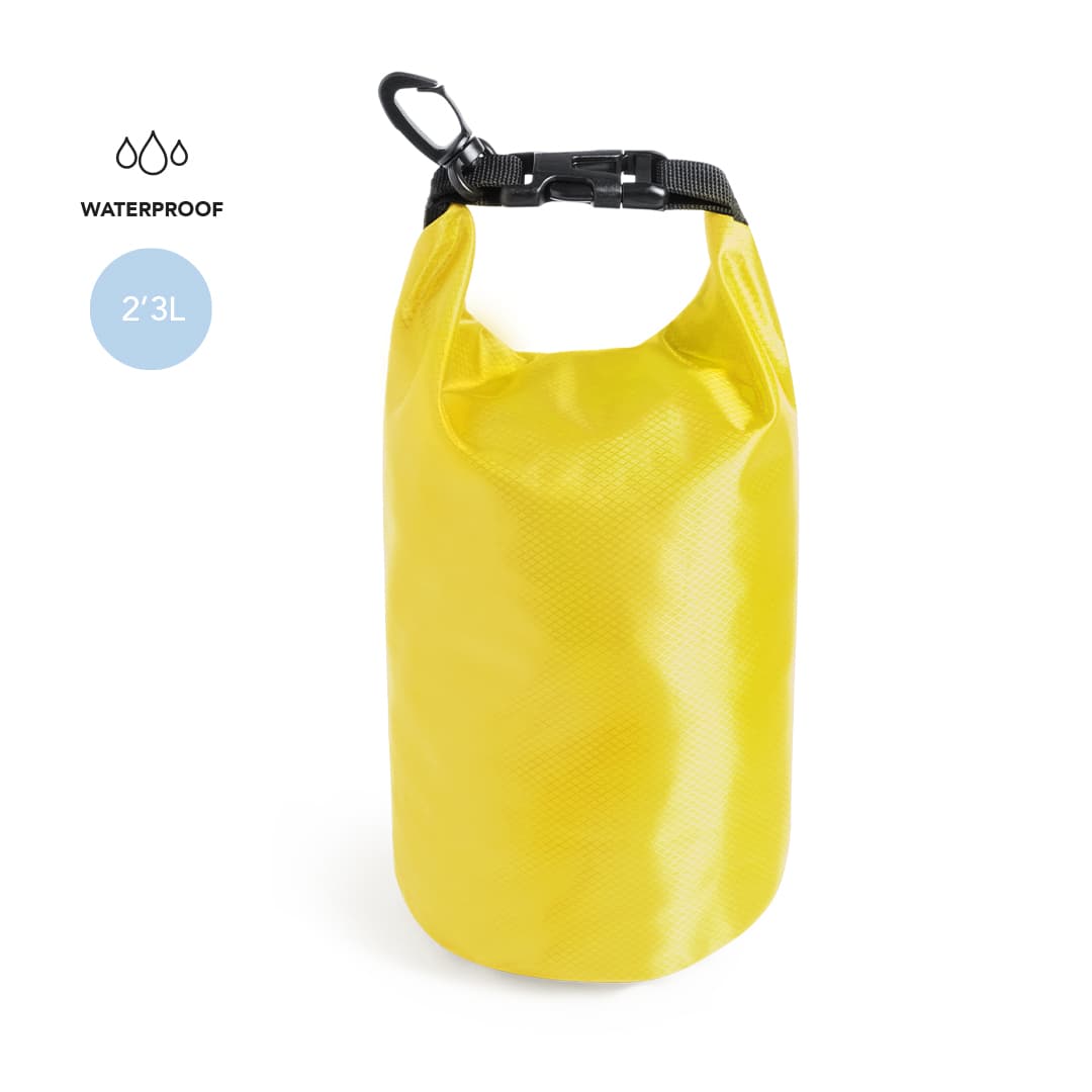 A waterproof dry bag in bright yellow with a black strap and a clip for securing. Features a logo on the side. Kinser Bag - Image 1