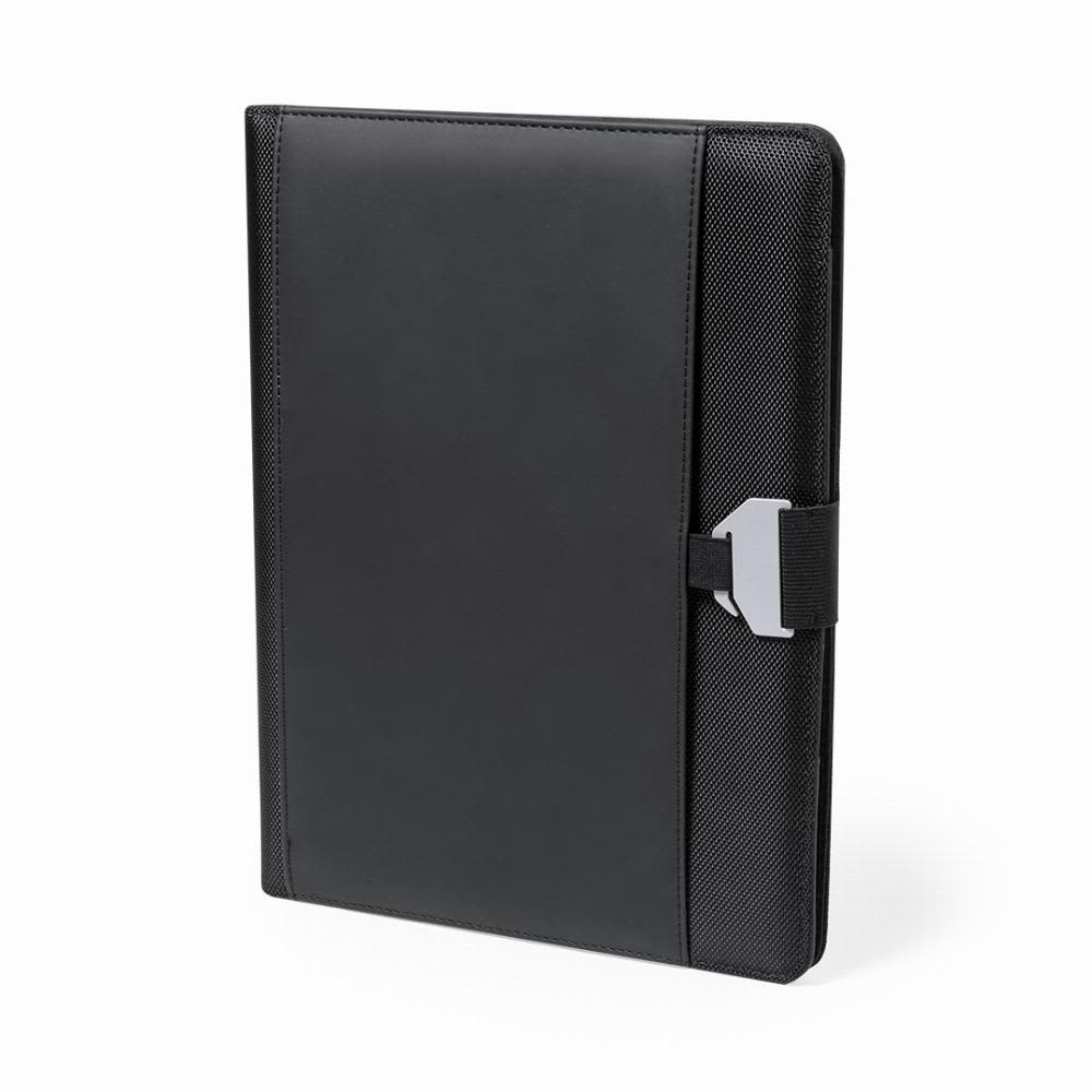 A black folder with a textured surface and a silver clasp. It features a logo on the front. Bretux - Image 1