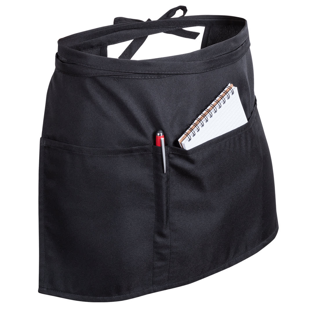 A black Milty apron featuring two pockets, one with a pen and a notepad. It has a waist tie for adjustment. Milty Apron - Image 1