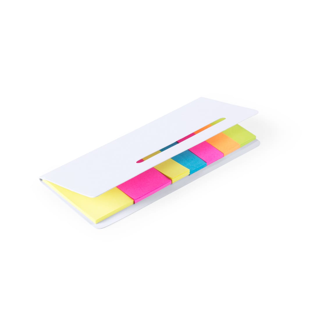 A white sticky notepad with colourful sticky notes in pink, yellow, green, and blue, featuring a logo on the cover. Karlen Sticky Notepad - Image 1