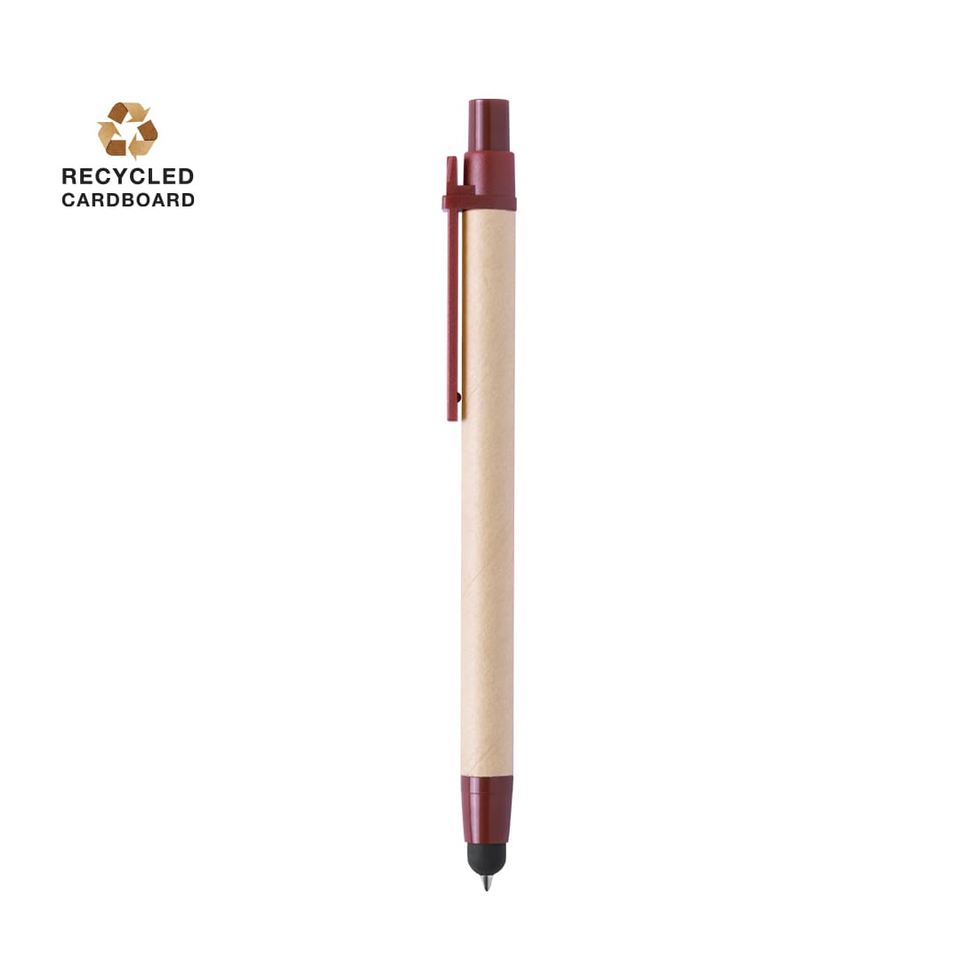 A stylus touch ball pen featuring a wooden barrel and red accents, with a logo indicating recycled materials. Than Stylus Touch Ball Pen - Image 1