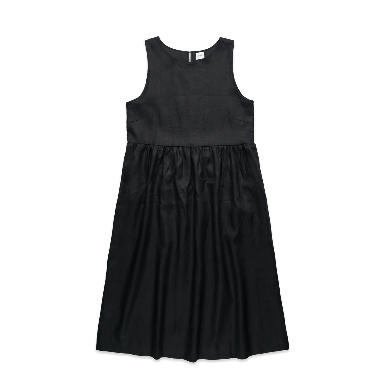 A black linen dress featuring a sleeveless design and gathered skirt. The dress has a simple, elegant silhouette. Wo's Linen Dress - Image 1