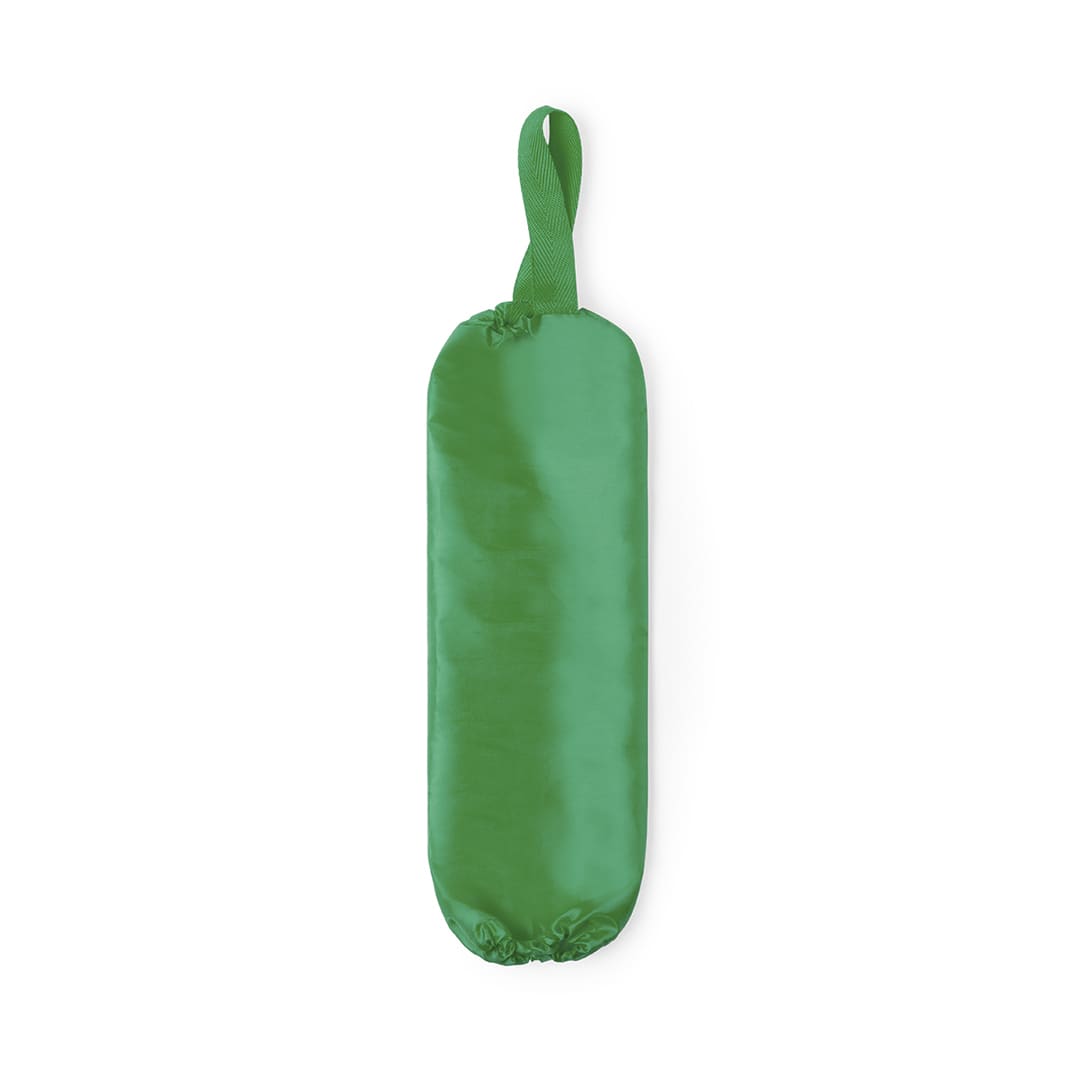 A green plastic bag holder with a loop handle, designed for storage and organisation. It features a logo. Doxen Plastic Bag Holder - Image 1