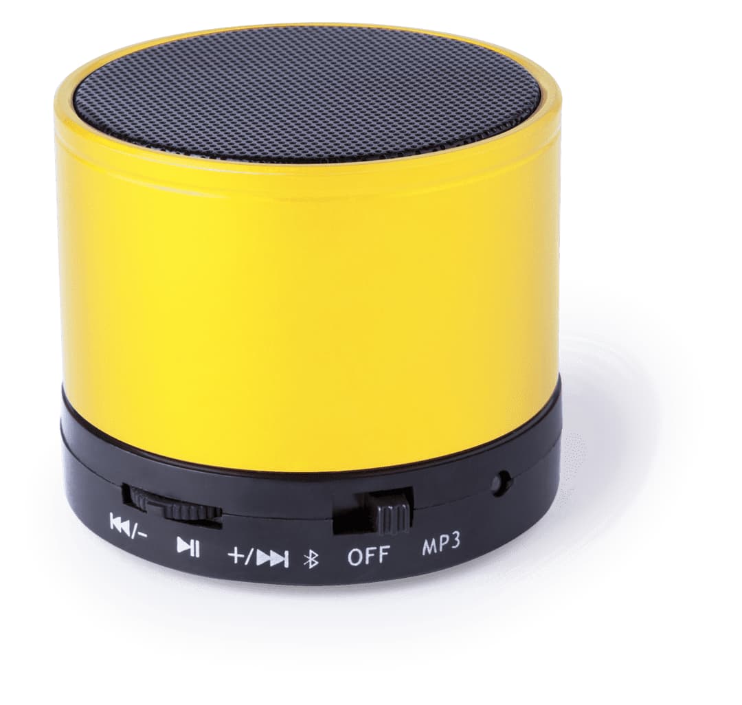 A round yellow speaker with a black bottom featuring control buttons and a mesh top. It has a branding logo on the side. Martins Speaker - Image 1