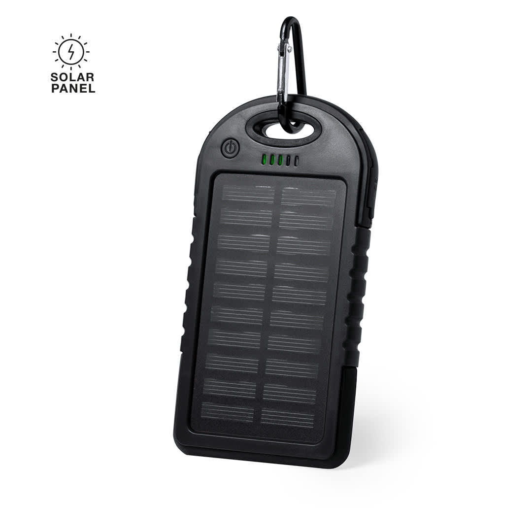 A black Lenard Power Bank featuring a solar panel and a carabiner clip for easy attachment. Lenard Power Bank - Image 1