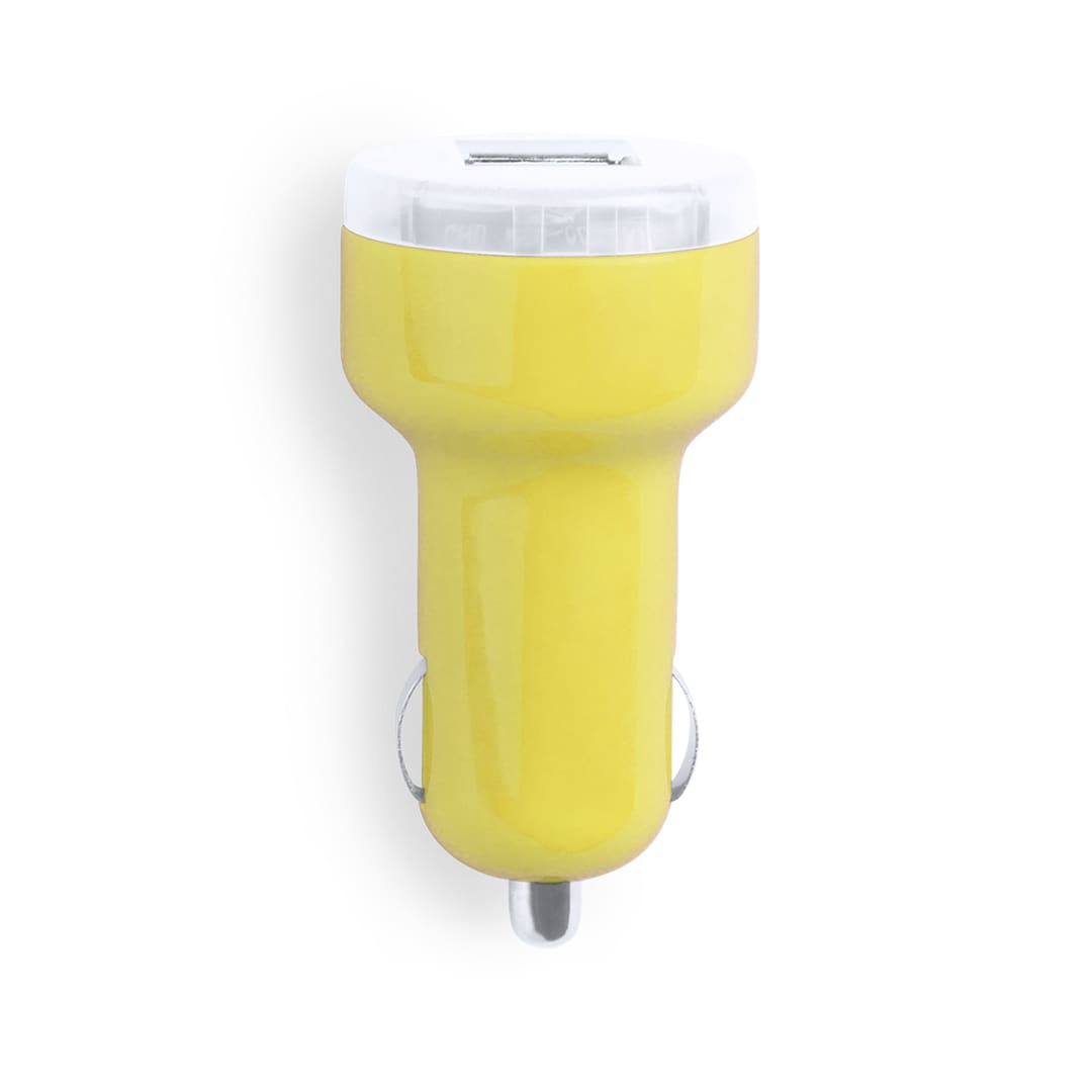 A yellow USB car charger with a white top and a metallic connector. It features a branding logo. Denom USB Car Charger - Image 1