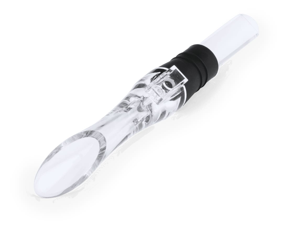 A wine aerator in clear and black, featuring a sleek design with a curved spout and a rubber grip. Crianz Wine Aerator - Image 1