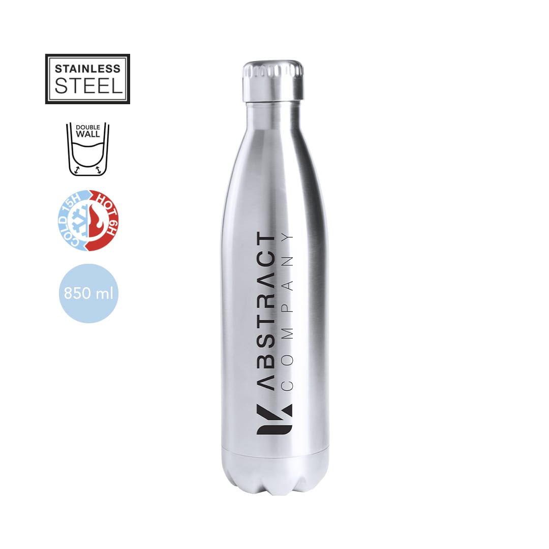 A stainless steel insulated drink bottle in silver, featuring a branding logo, with a capacity of 850 ml. Zolop Insulated Bottle - Image 1