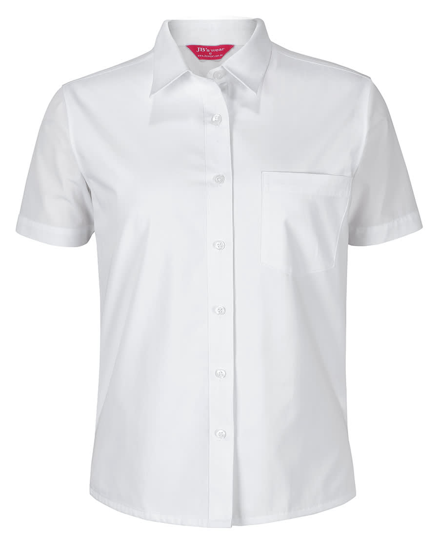 A white button-up shirt with short sleeves and a chest pocket, featuring a logo. JB's Ladies S/S Double Layered Shirt White - Image 1
