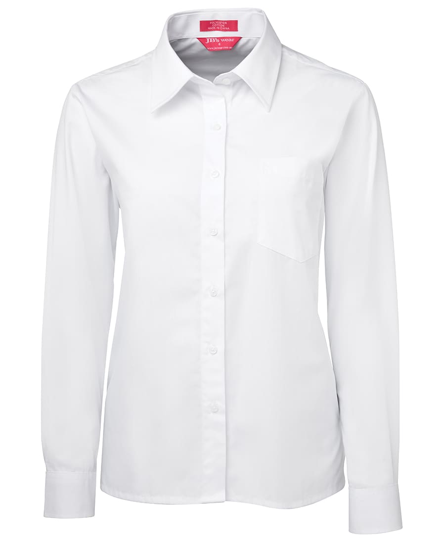 A white long-sleeved button-up shirt featuring a single chest pocket and a logo on the collar. JB's Ladies L/S Original Poplin Shirt - Image 1
