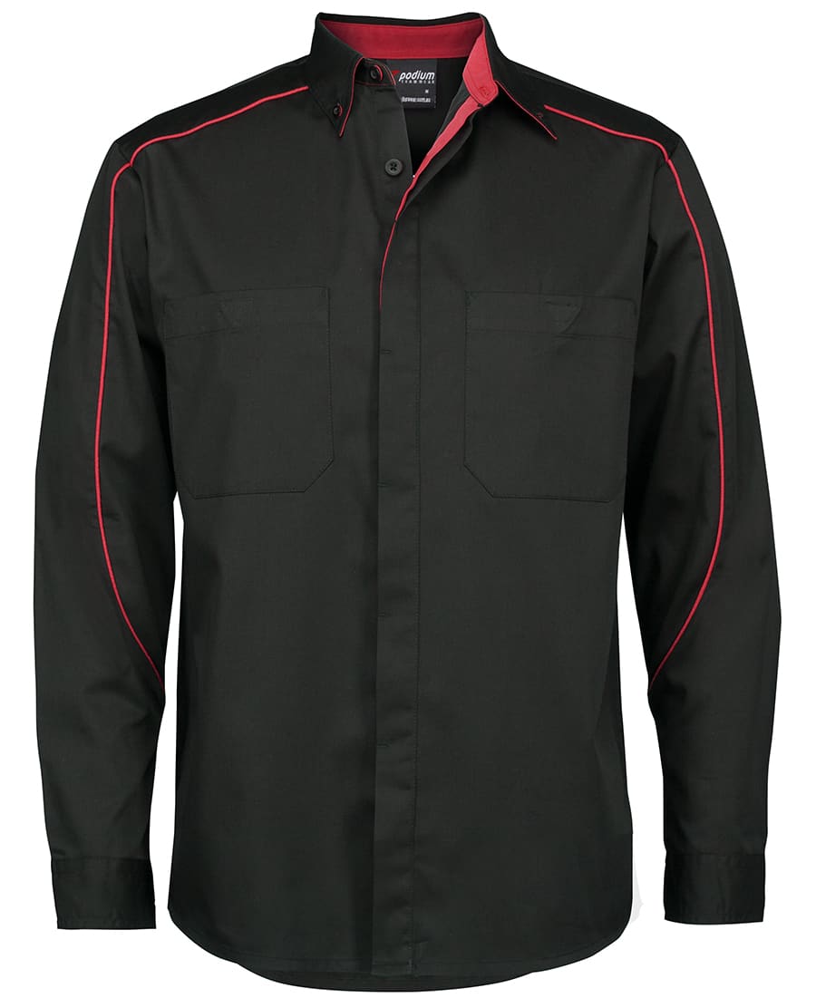 Black long-sleeve button-up shirt featuring red piping and two chest pockets. Includes a logo on the chest. Podium L/S Industry Shirt Black/ - Image 1