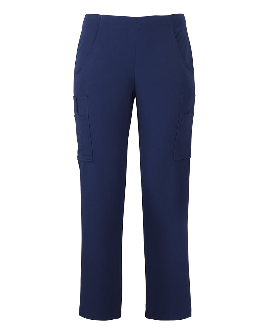 Ladies' cargo pants in navy blue, featuring side pockets and a comfortable fit. Includes a logo. JB's Ladies Nu Scrub Cargo Pant - Image 1