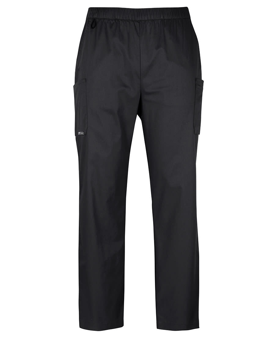 Unisex black cargo pants with an elastic waistband and side pockets, featuring a branding logo. JB's Unisex Premium Scrubs Cargo Pant - Image 1
