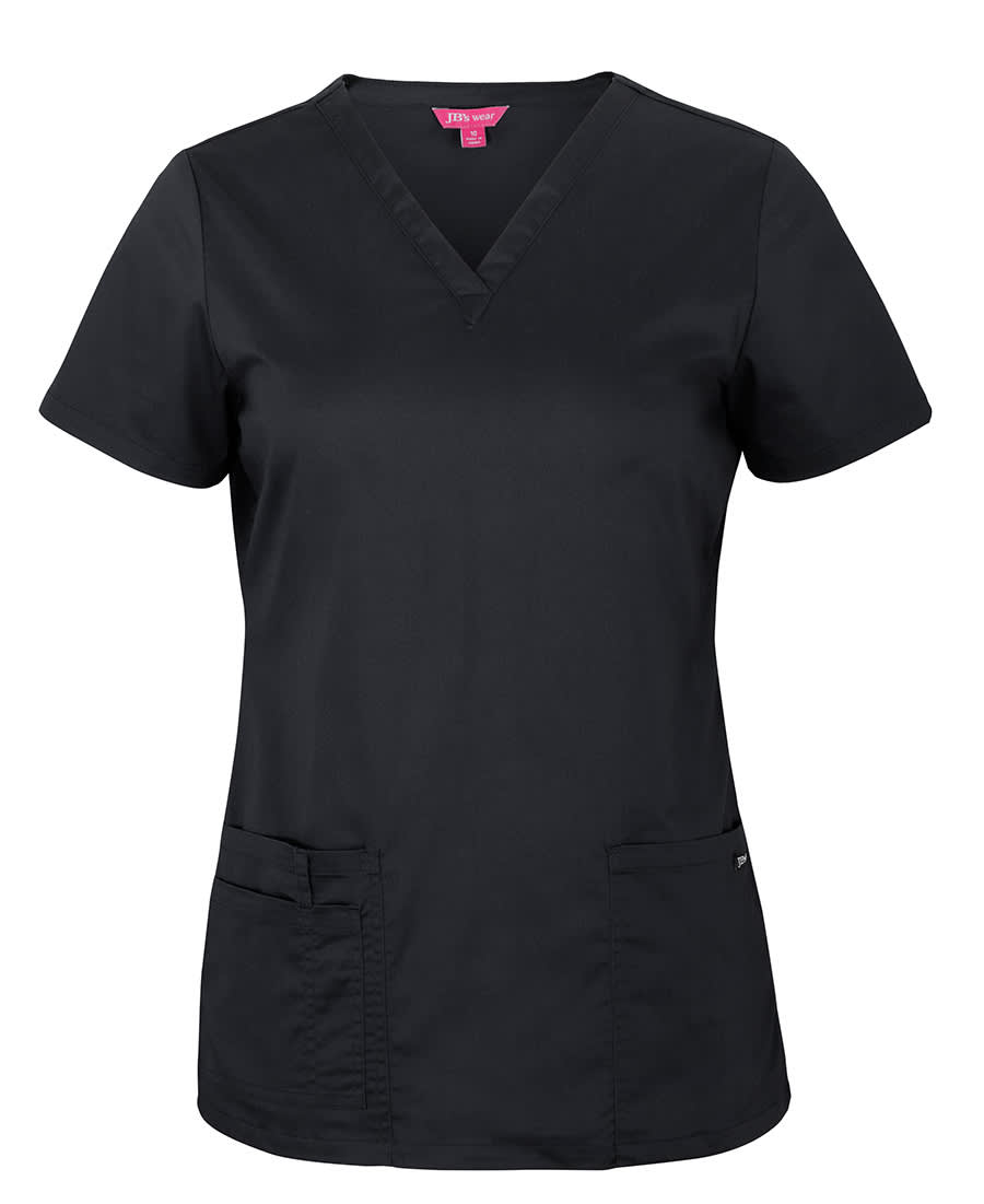 A black scrub top with short sleeves and a v-neck, featuring two front pockets and a logo. JB's Ladies Premium Scrub Top - Image 1