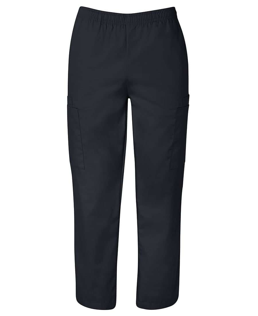 A pair of black unisex scrub pants with an elastic waistband and side pockets. Features a logo. JB's Unisex Scrubs Pant - Image 1