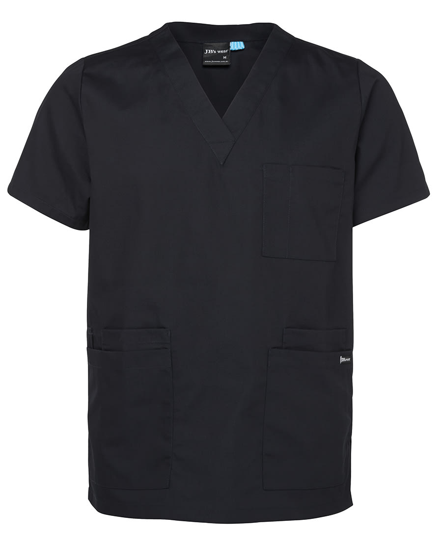 A black unisex scrub top with a V-neck, short sleeves, and multiple pockets. It features a logo on the side. JB's Unisex Scrubs Top - Image 1
