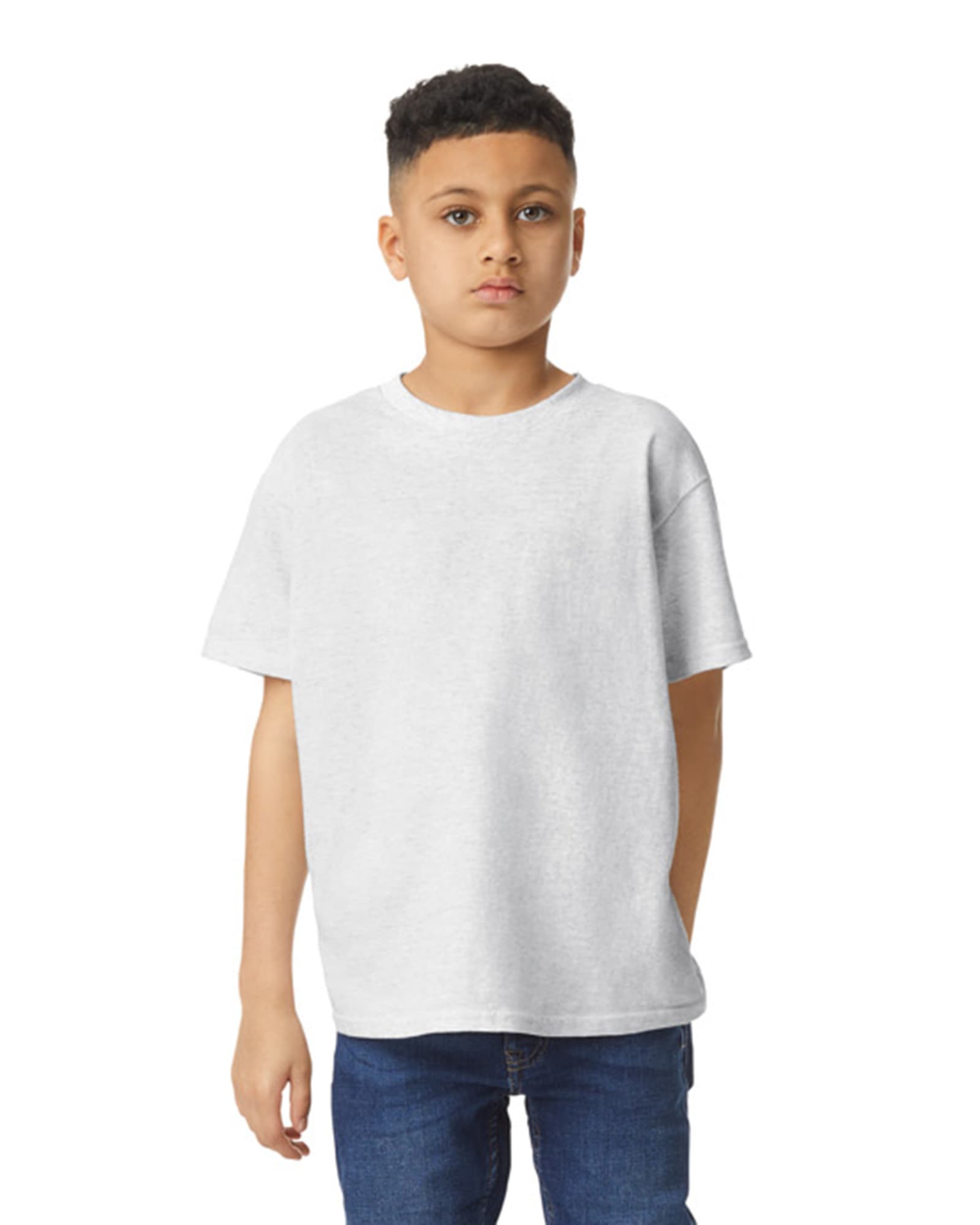 A youth t-shirt in light grey with a casual fit. The design features short sleeves and a round neckline. Gildan Heavy Cotton Youth T-Shirt - Image 1