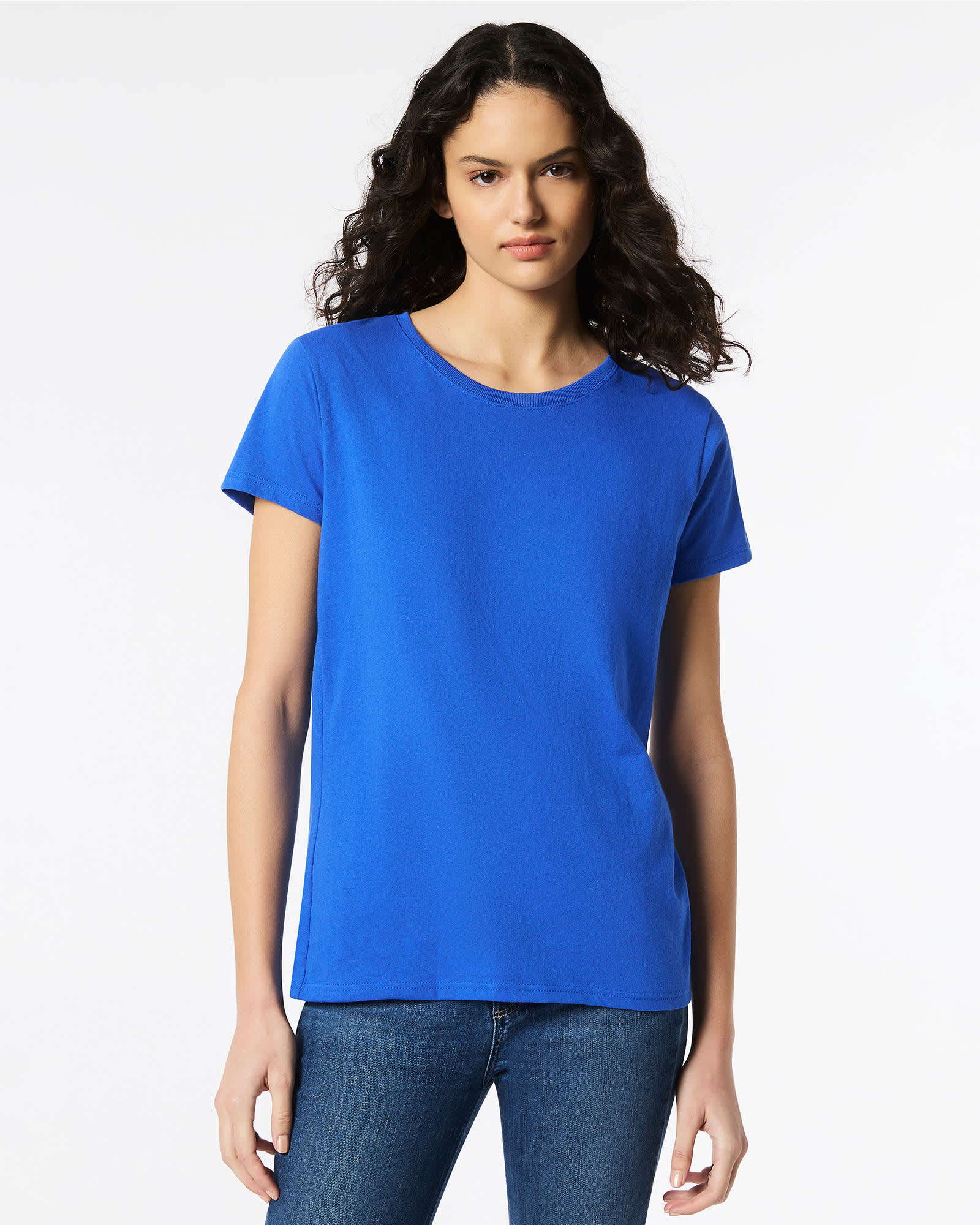 A blue Gildan Heavy Cotton ladies' T-shirt with a round neckline and short sleeves, featuring a logo. Gildan Heavy Cotton Ladies' T-Shirt - Image 1