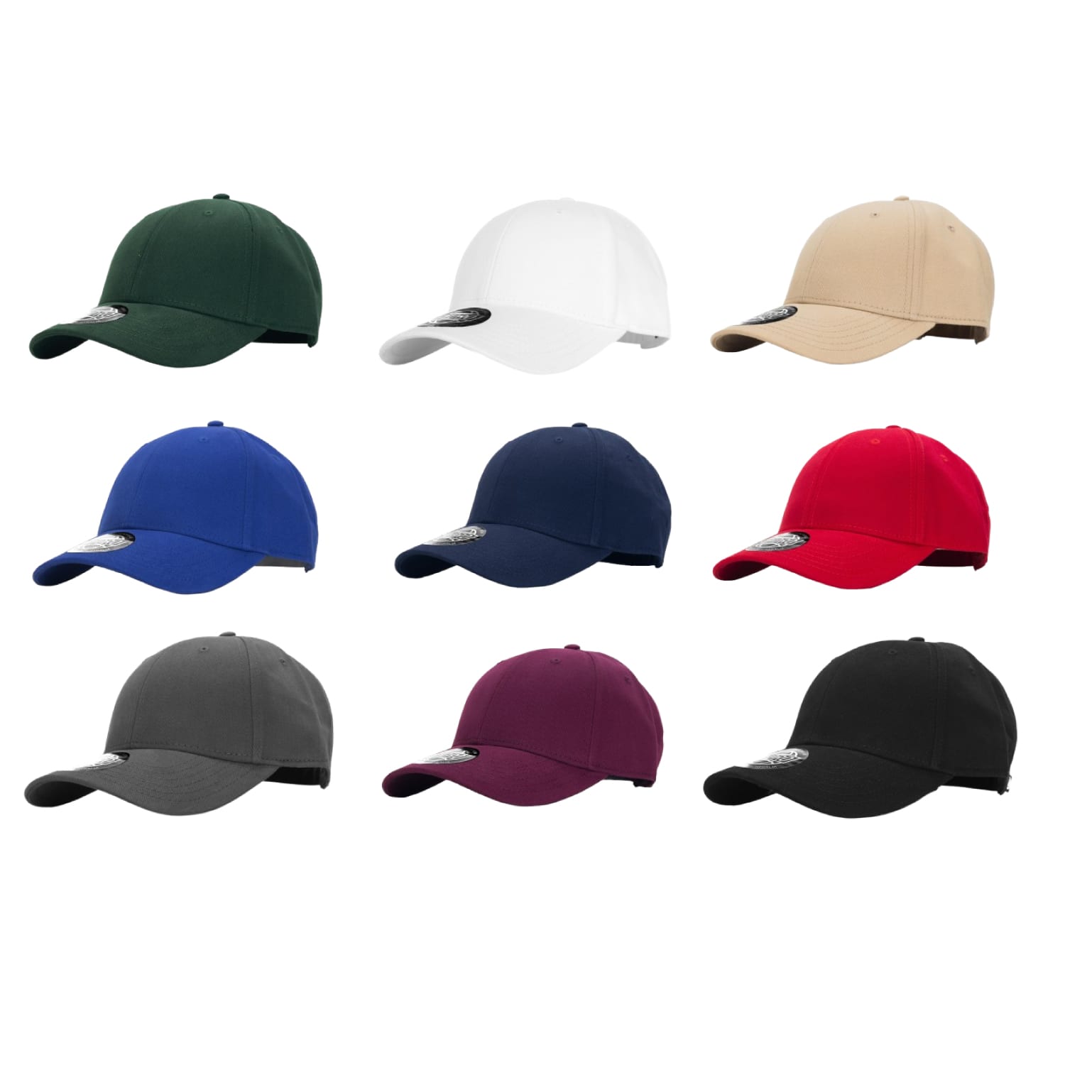 A collection of caps in various colours: green, white, beige, blue, navy, red, grey, maroon, and black, each with a logo. Alpine 6 Panel Brushed Twill Cap - Image 1