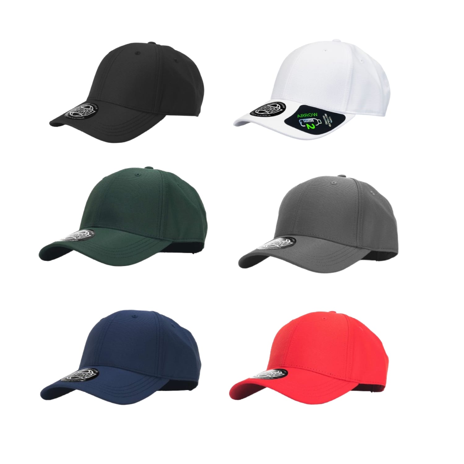 A collection of six caps in black, white, green, grey, navy, and red, each with a logo. Arrow 6 Panel Recycled Polyester Jaquard Eco Cap - Image 1