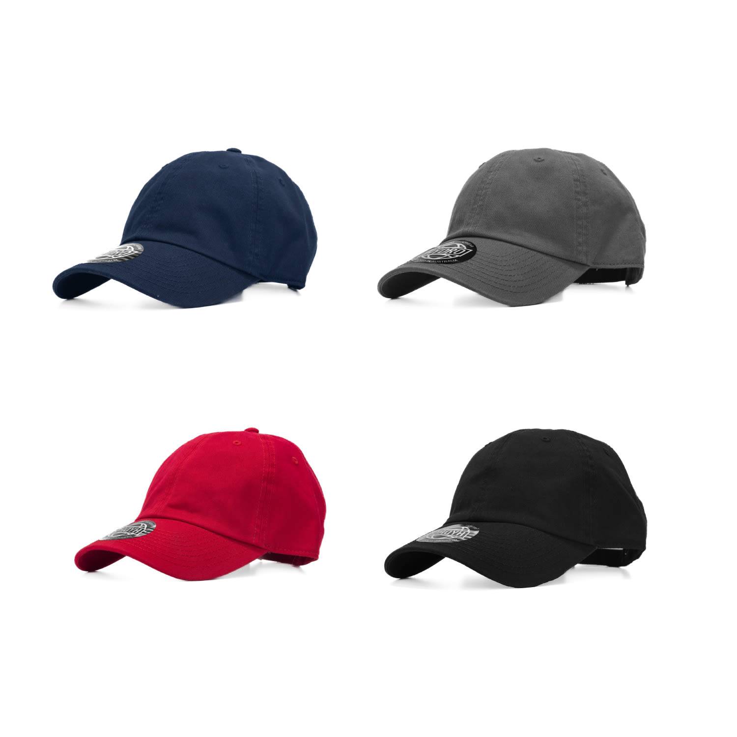 Four caps in navy, grey, red, and black, each featuring a logo on the front. Bay 6 Panel Cotton Cap with Metal Buckle - Image 1