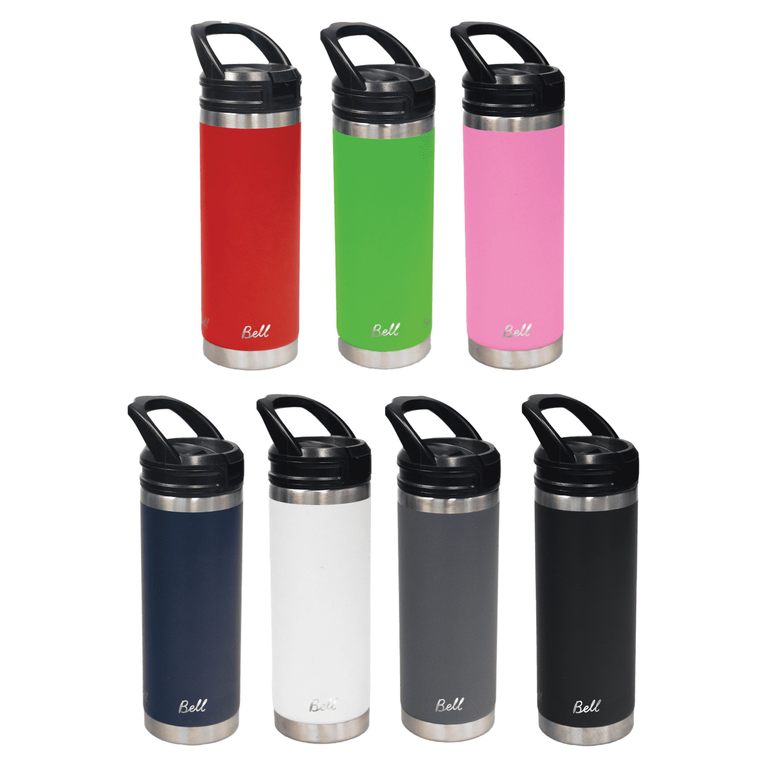 A drink bottle featuring a sipper handle, available in red, green, pink, navy, white, grey, and black with a logo. 532ml Bell Bottle with Sipper Handle - Image 1