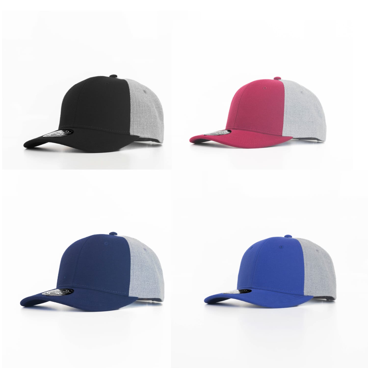 A collection of four caps in various colours: black and grey, burgundy and grey, navy and grey, blue and grey, each with a logo. Everett 6 Panel Two Tone Polyester Cap - Image 1