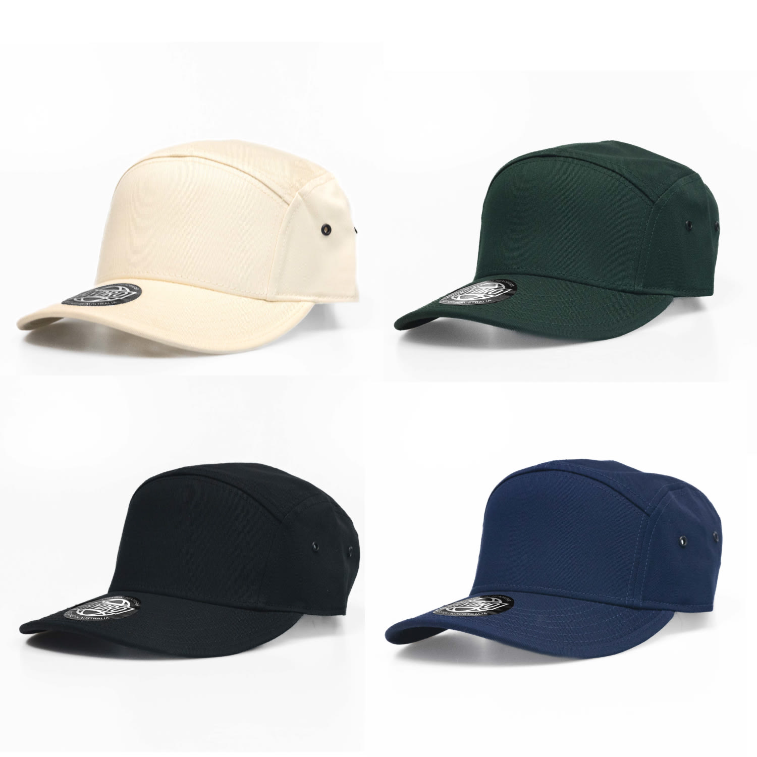 A collection of caps featuring four colours: cream, dark green, black, and navy, each with a logo. Scout 5 Panel Military Style Cotton Twill Cap - Image 1
