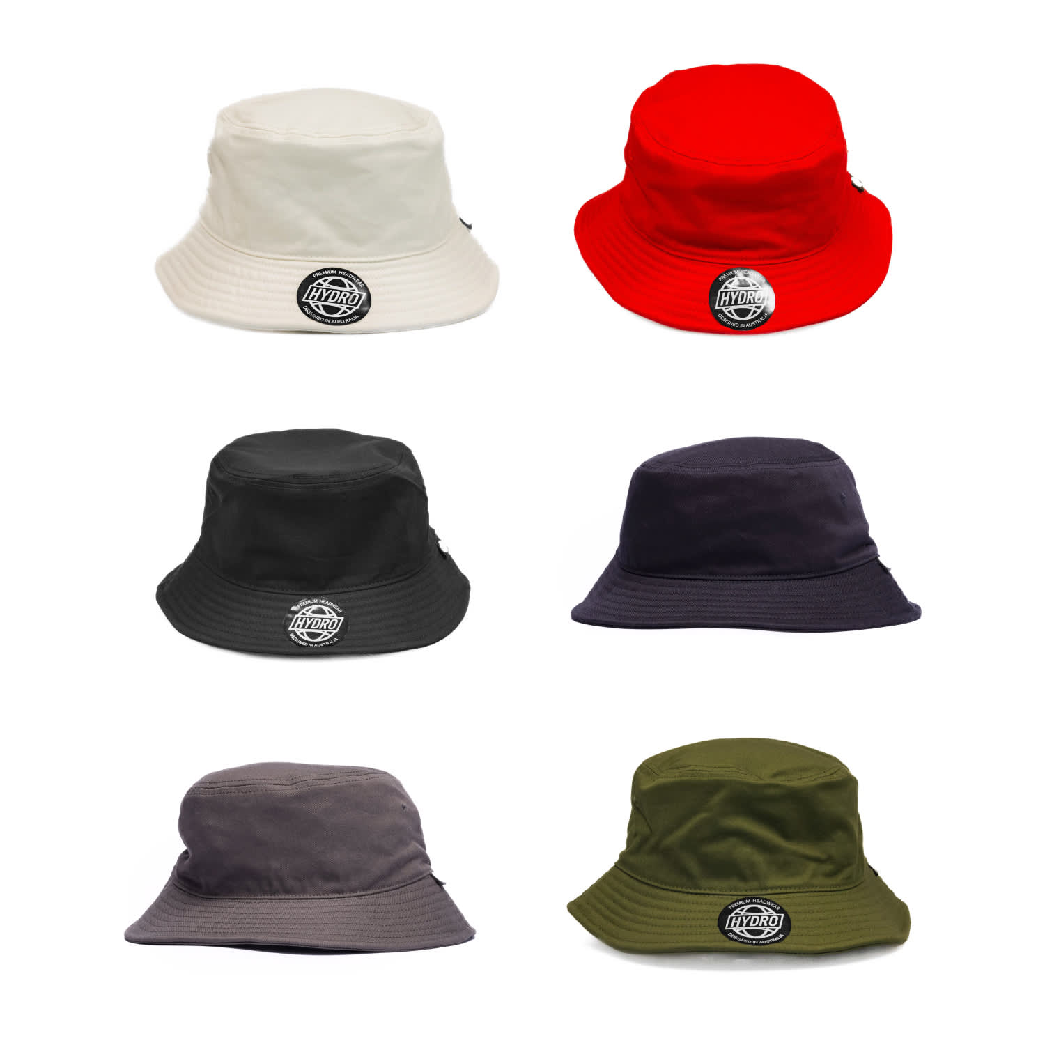 A collection of six bucket hats in white, red, black, navy, grey, and olive, each with a logo. Forest Chino Cotton Twill Bucket Hat - Image 1