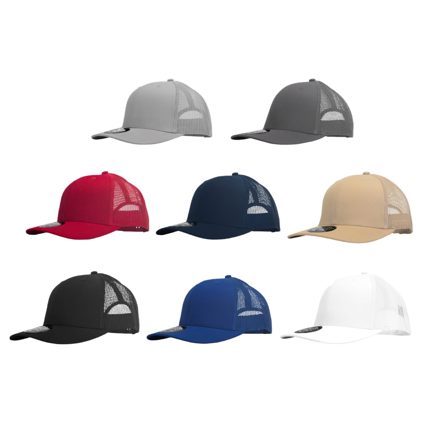 A range of trucker caps in grey, red, navy, beige, black, and white, featuring mesh backs and curved brims. Woody 6 Panel PolyCotton Trucker Cap with Mesh Back - Image 1