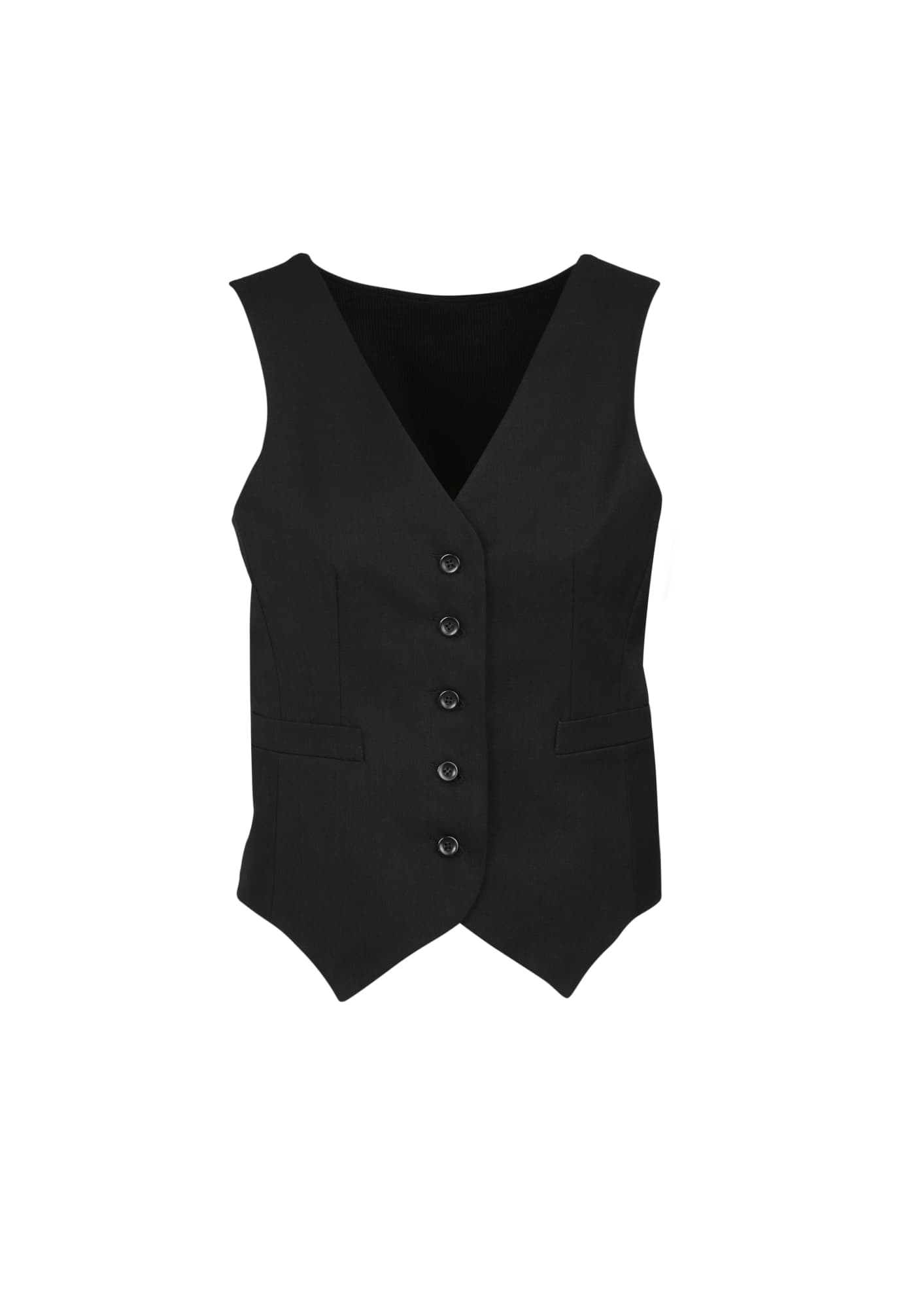 A black women's peaked vest with a button front and two side pockets, featuring a logo. Cool Stretch Womens Peaked Vest - Image 1