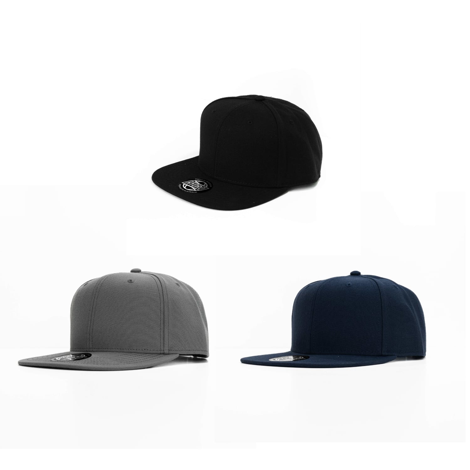 Three caps in black, grey, and navy blue, featuring a logo on each. The caps have a structured design with a flat brim. Clay 6 Panel Polyester Cap with Flat Visor - Image 1