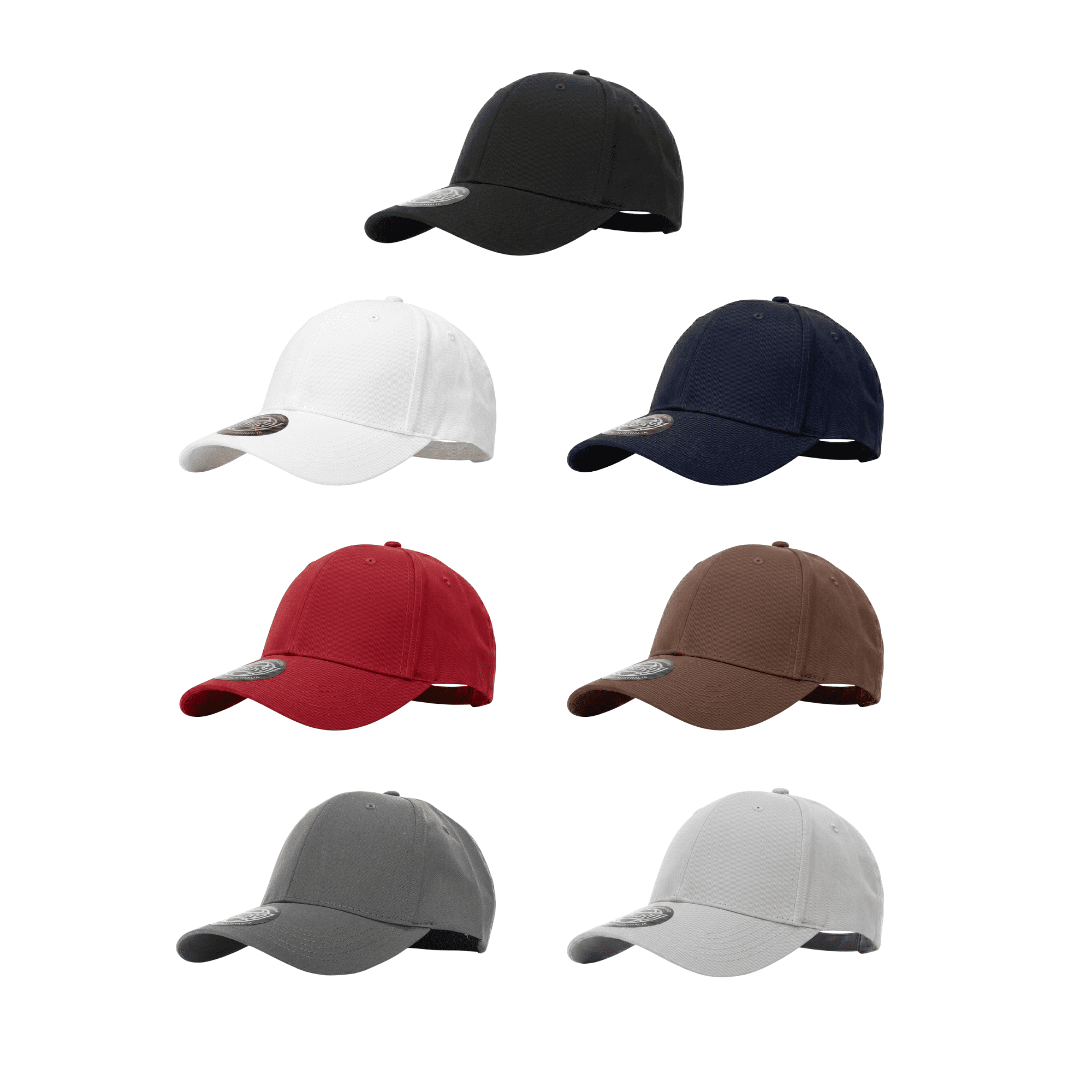 A variety of stretch caps in black, white, navy, red, brown, grey, and light grey, each with a logo. Lake 6 Panel Polyester Stretch Cap - Image 1