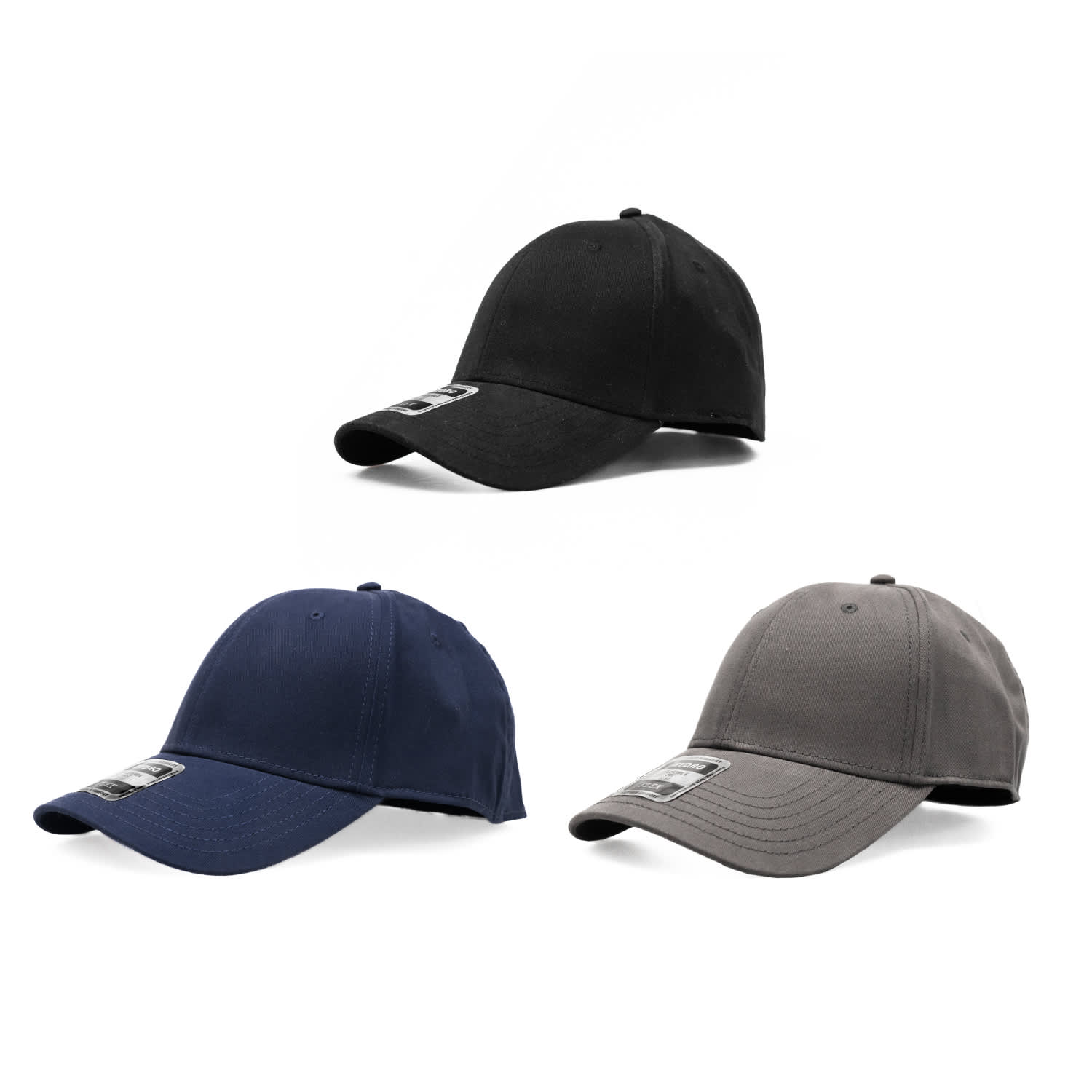 Three caps in black, navy, and grey, each featuring a logo on the front. Nixon 6 Panel Cotton Spandex Stretch Cap with Fully Closed Back - Image 1