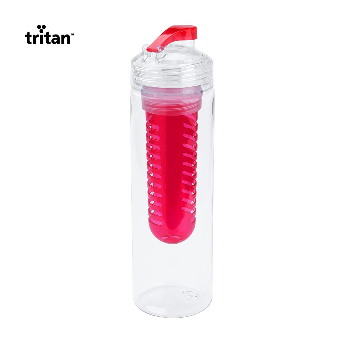 A drink bottle made of clear Tritan with a red infuser and a red flip-top lid. It features a logo on the side. Kelit Bottle - Image 1