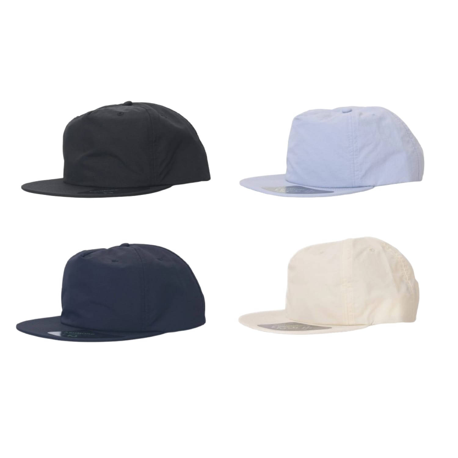 A collection of caps in black, light blue, navy, and cream, featuring a logo on each. Ashmore 5 Panel Quick Dry Recycled Nylon Eco Cap with Flat Visor - Image 1