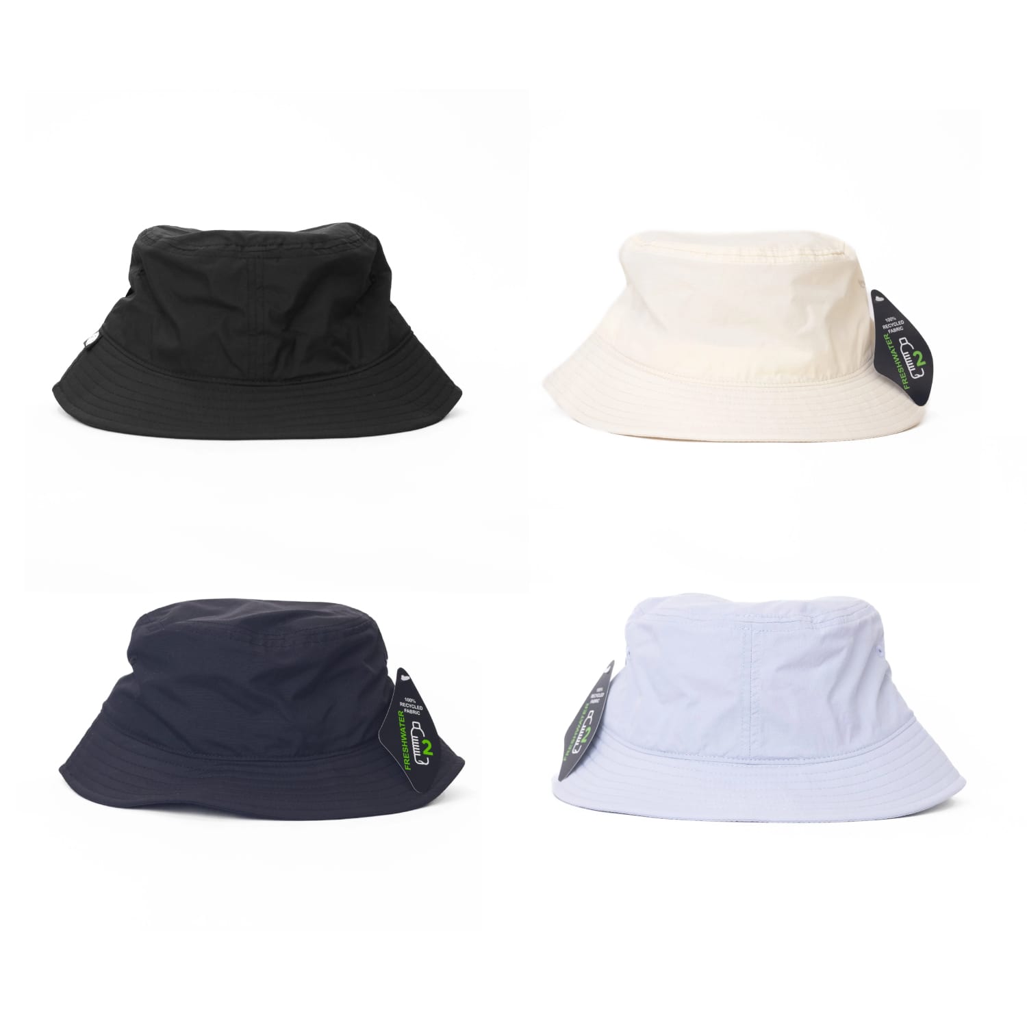 Four bucket hats in black, cream, navy, and light blue, each with a logo tag attached. Freshwater Quick Dry Recycled Nylon Eco Bucket Hat - Image 1