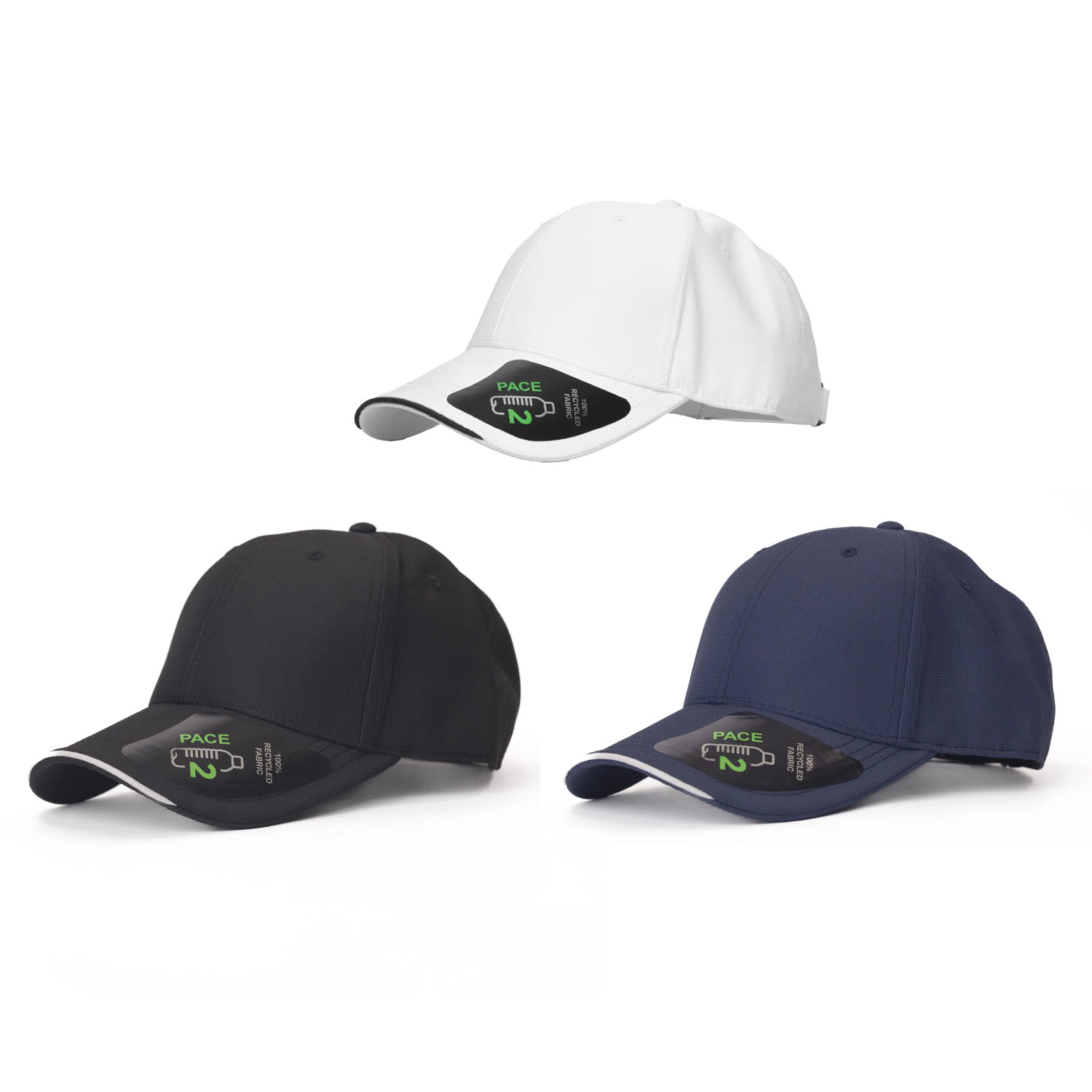 Three caps in black, white, and navy blue, featuring a logo on the front of each. Pace 6 Panel Eco Cap with Curved Sandwich Visor - Image 1