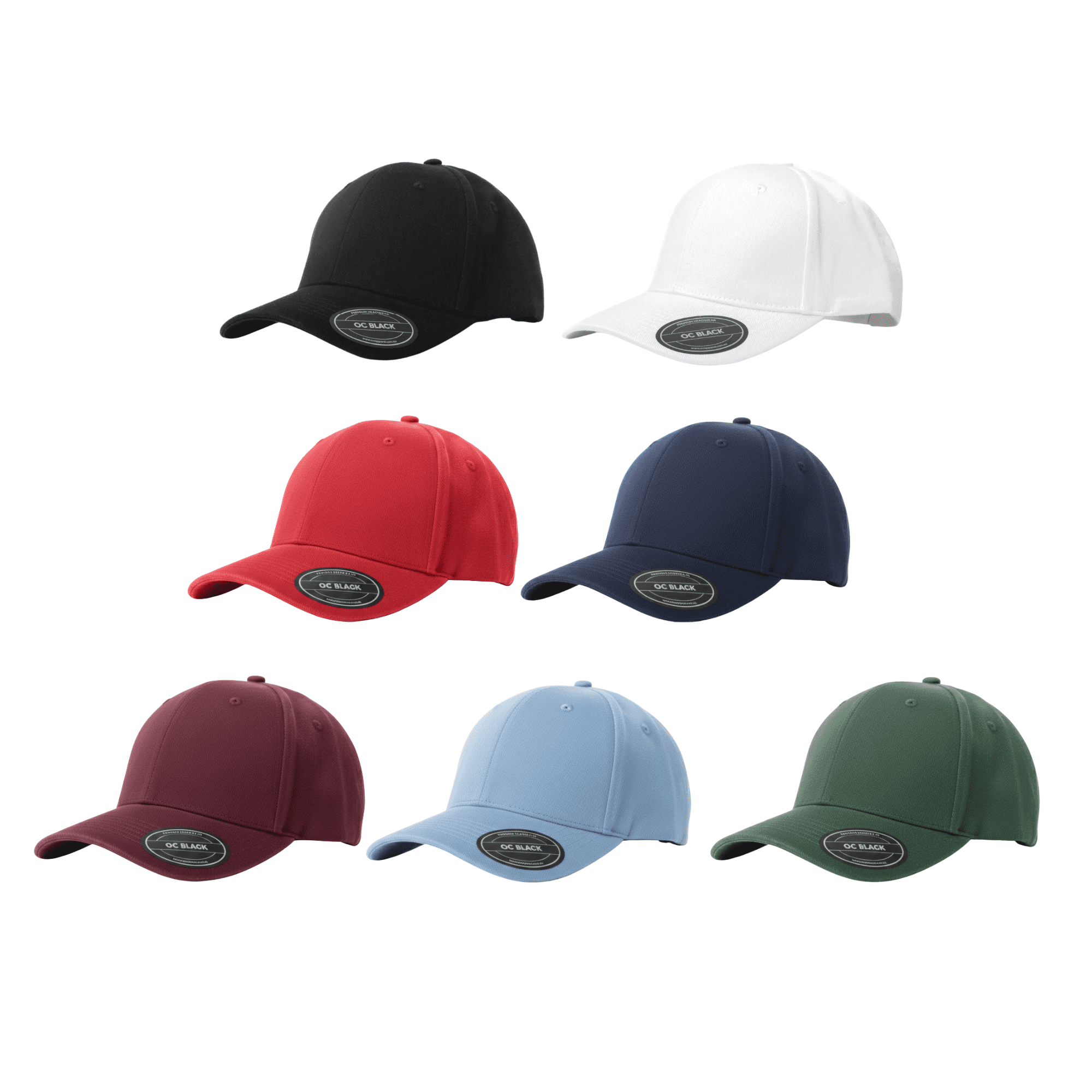 A variety of baseball caps in black, white, red, navy, maroon, light blue, and green, featuring a logo on the front. Discovery 6 Panel Brushed Cotton Baseball Cap - Image 1