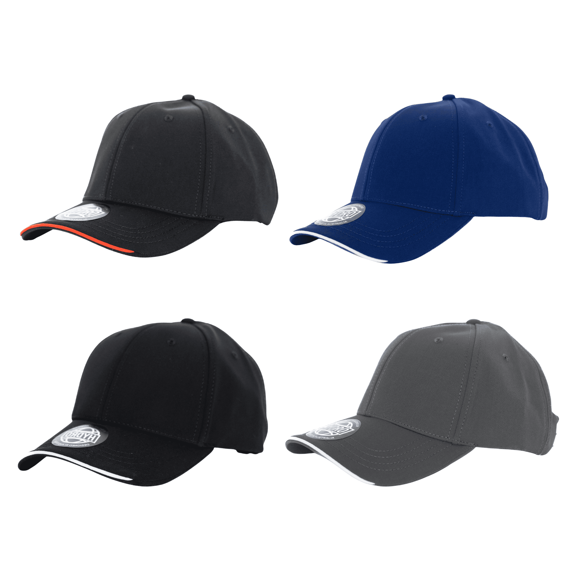 A collection of four caps in black, navy, and grey, featuring cotton twill contrast piping and logos. Baker 6-Panel Cap with Cotton Twill Contrast Piping - Image 1