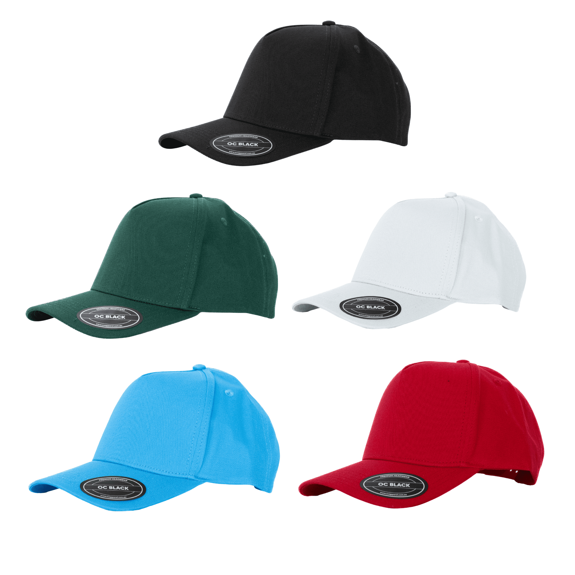 A collection of Prado 5 Panel Cotton Caps in black, white, green, blue, and red, featuring a Velcro closure and branding. Prado 5 Panel Cotton Cap with Snapback Closure - Image 1