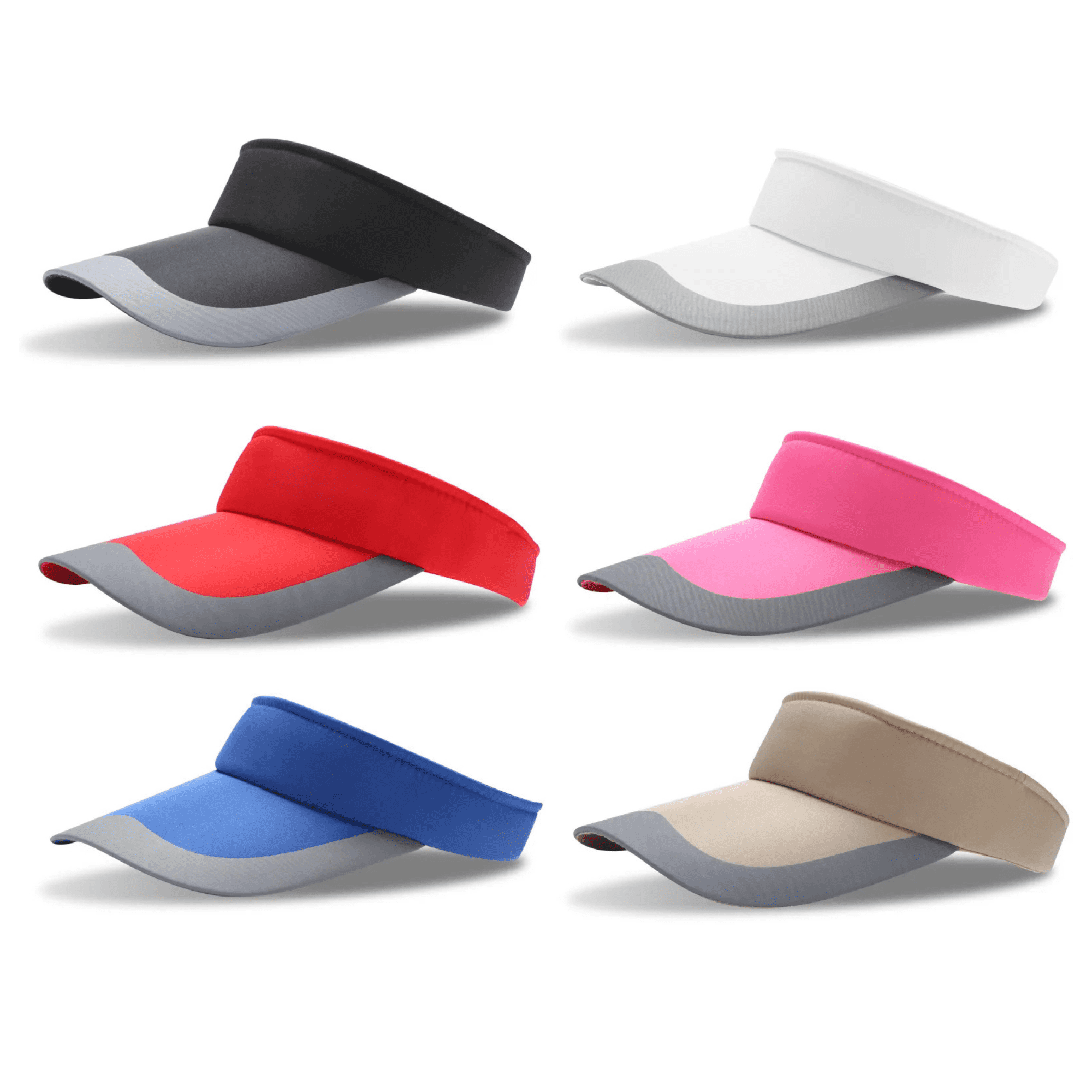 A selection of six sun visors in black, white, red, pink, blue, and beige, each with a grey underside. Sun Visor - Image 1