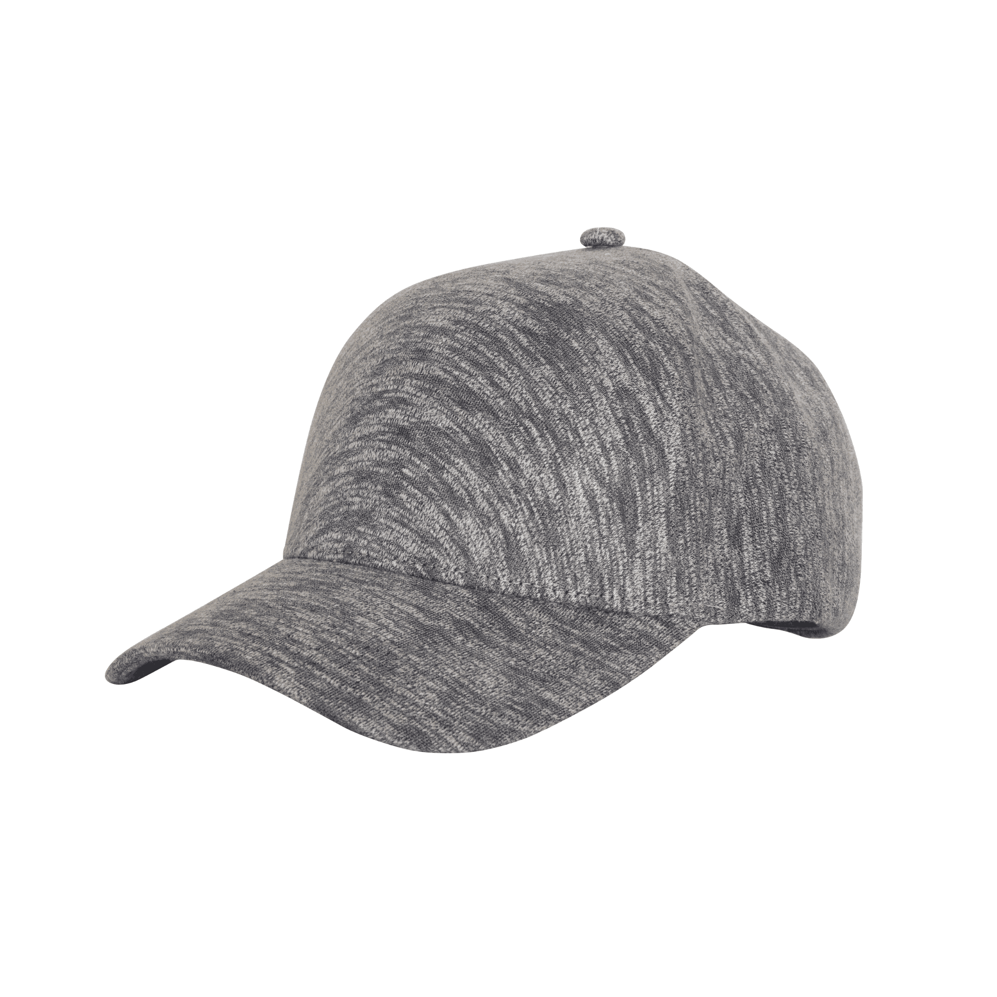 A grey heather cap with a smooth, seamless design and rounded peak. It features a logo on the side. Heather One Panel Cap without Sewing - Image 1