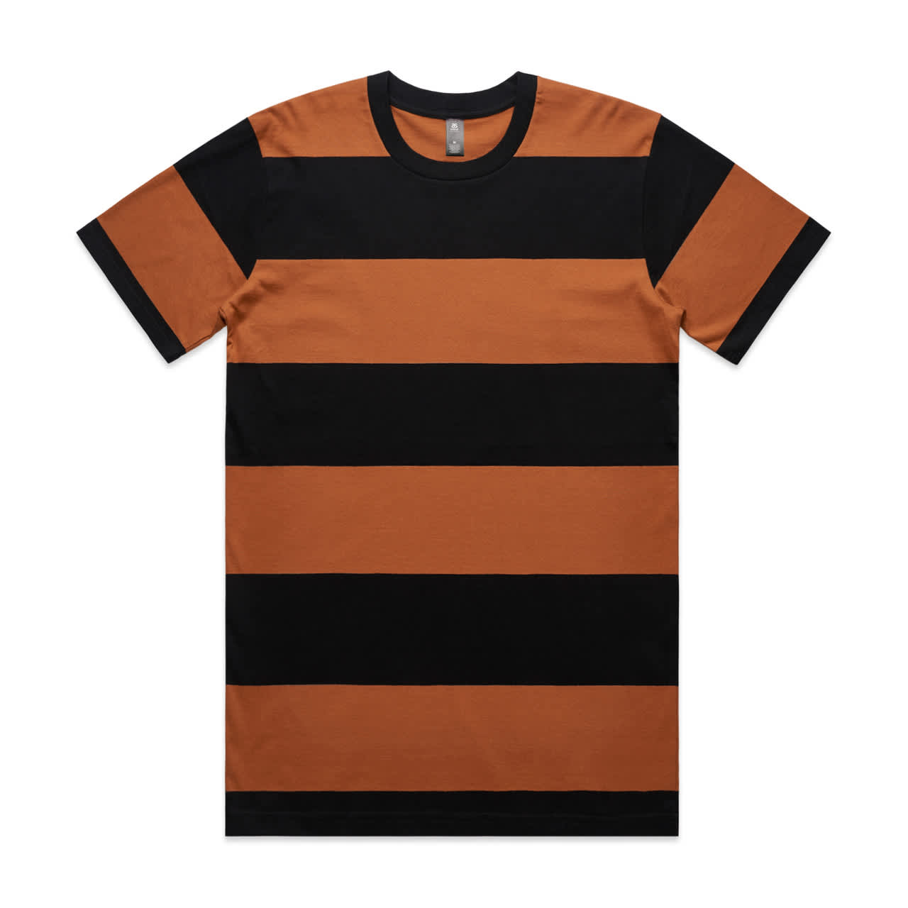 A striped tee featuring alternating broad bands of burnt orange and black. The shirt has a round neckline and short sleeves. Wide Stripe Tee - Image 1