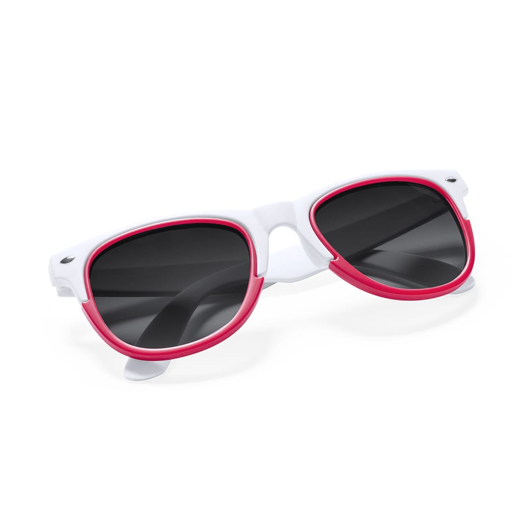 Sunglasses featuring a white frame with red detailing and dark lenses, presented at an angle. Options Frame - Image 1